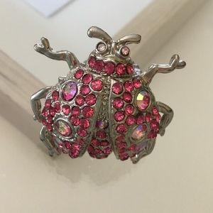 Stretchy pink and silver ladybug ring
